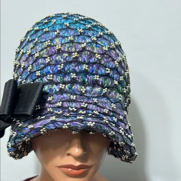 Elegant MulticolorCloche Hat with Black Bow Crochet